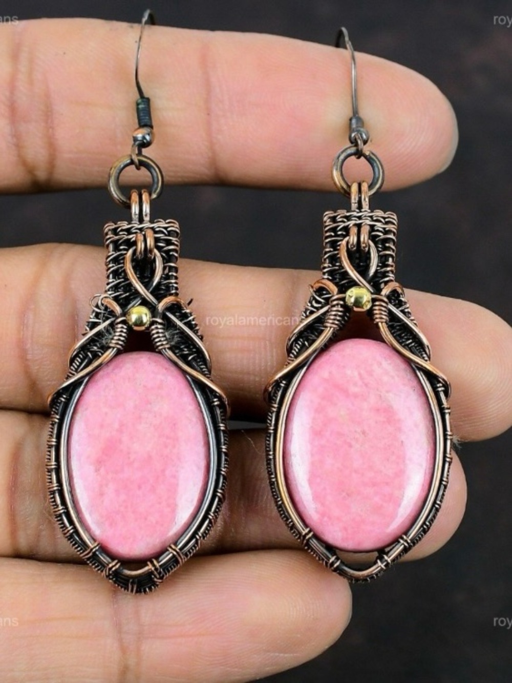 Handcrafted Pink Thulite Stone Wire-Wrap Drop Earrings